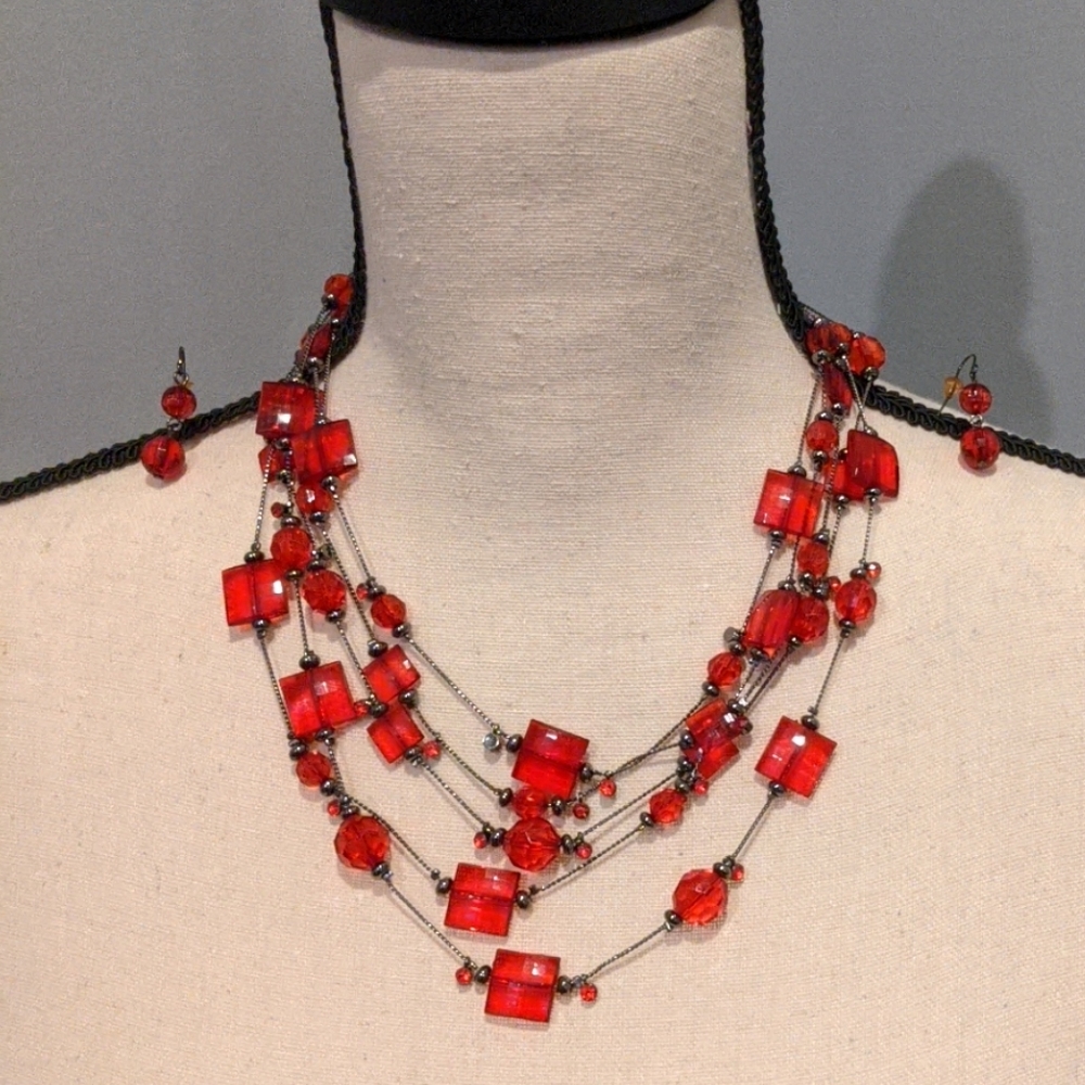 Charming Charlie | Red Stone Necklace and Earrings